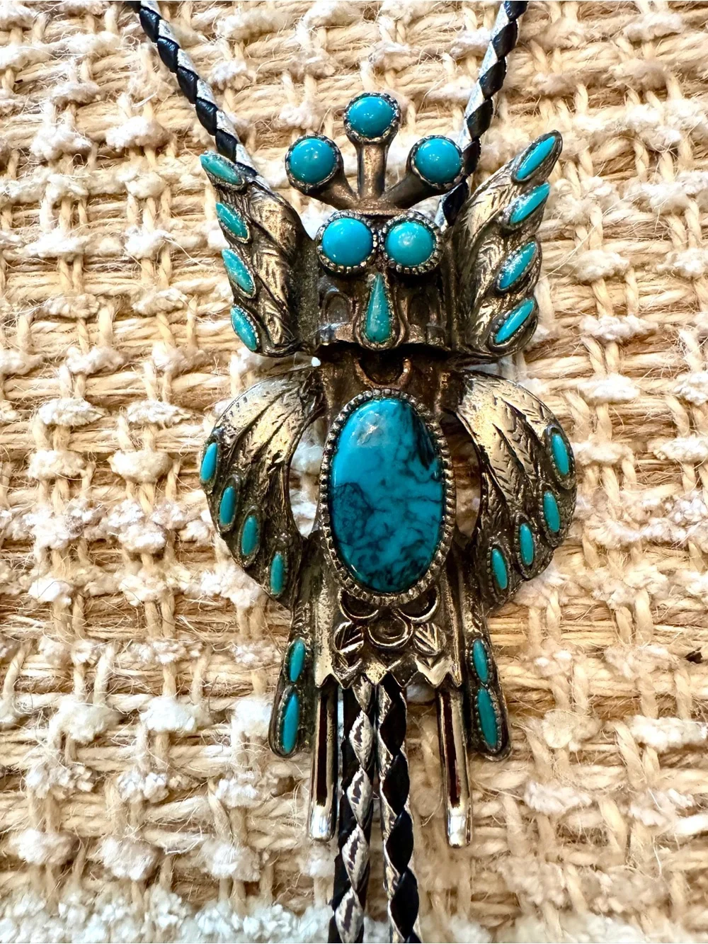 Vintage Sancrest Horned Owl Kachina Dancer Bolo Tie Faux Turquoise 1950s